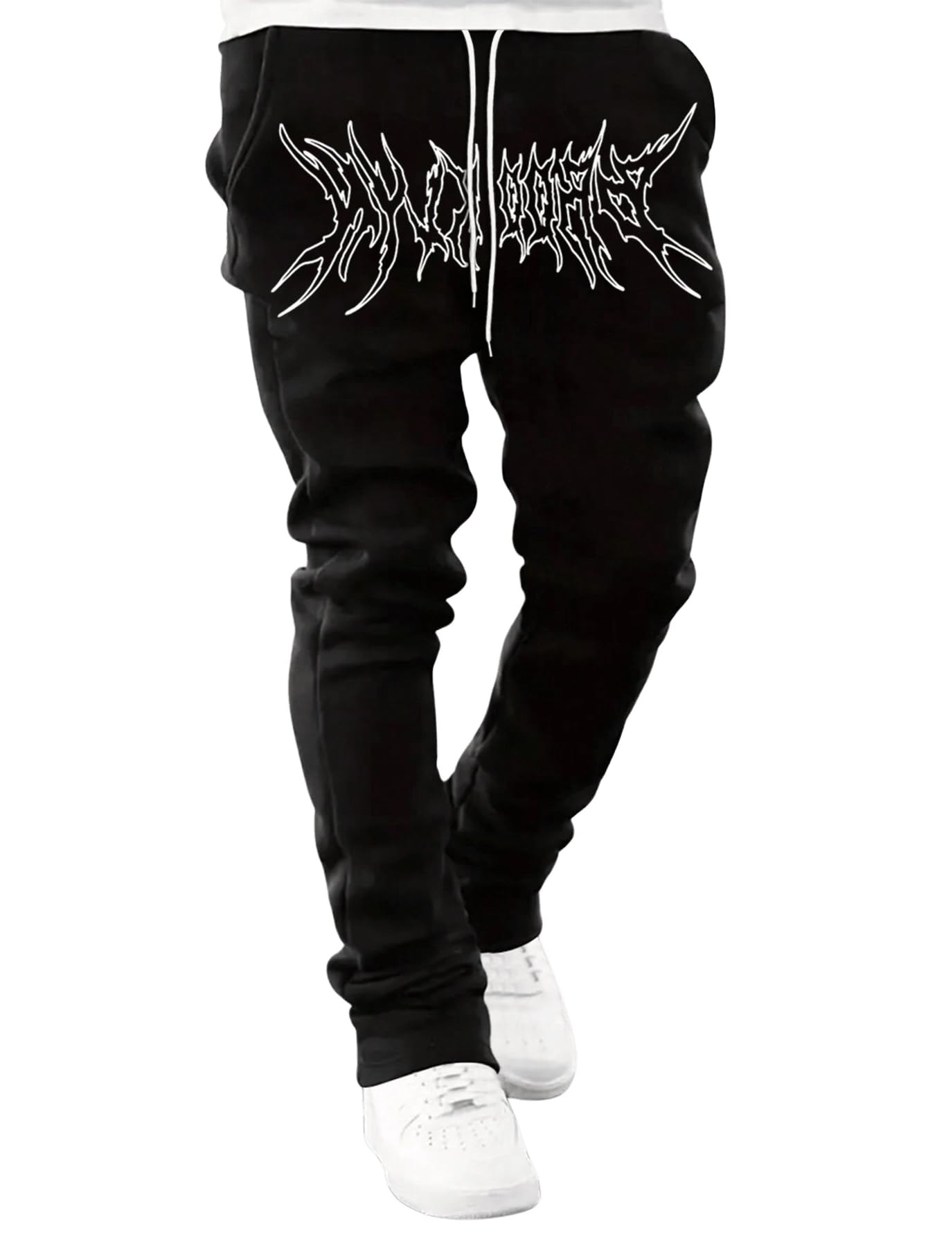 Photo 1 of GORGLITTER Men's Graphic Baggy Sweatpants Wide Leg Y2K Drawstring Stacked Jogger Pants with Pockets Black Letters X-Large