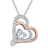 MEDWISE Heart Necklace Gifts for Wife Women S925 Sterling Silver Three Heart Necklace Rose Gold Plated Cubic Zirconia Birthstone Pendant Jewelry for Women Girrlfriend Mom Her 18+2'' Chain