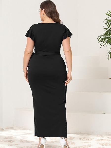 2025 WOMENS DEEP CROSS V NECK RUFFLE SLEEVE TULIP HEM PLUS SIZE WORK COCKTAIL PARTY ELEGANT RUCHED LONG WRAP DRESS BLACK