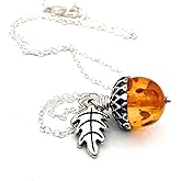 Enchanted Leaves - Orange and Silver Acorn Necklace - Fall Orange Acorn Pendant- Cute Nature Charm Necklace