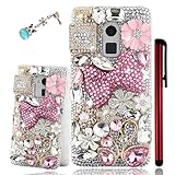 Ancerson New Eye-catching Handmade Bling Crystal Diamond Rhinestone Clear Transparent Back Hard Protective Case for HTC ONE Max T6 with Red Stylus Pen and Lovely Blue Panda (Pink Bowknot Golden Bottle Pink Two Swans Pink Golden Silvery Pearls Flower)