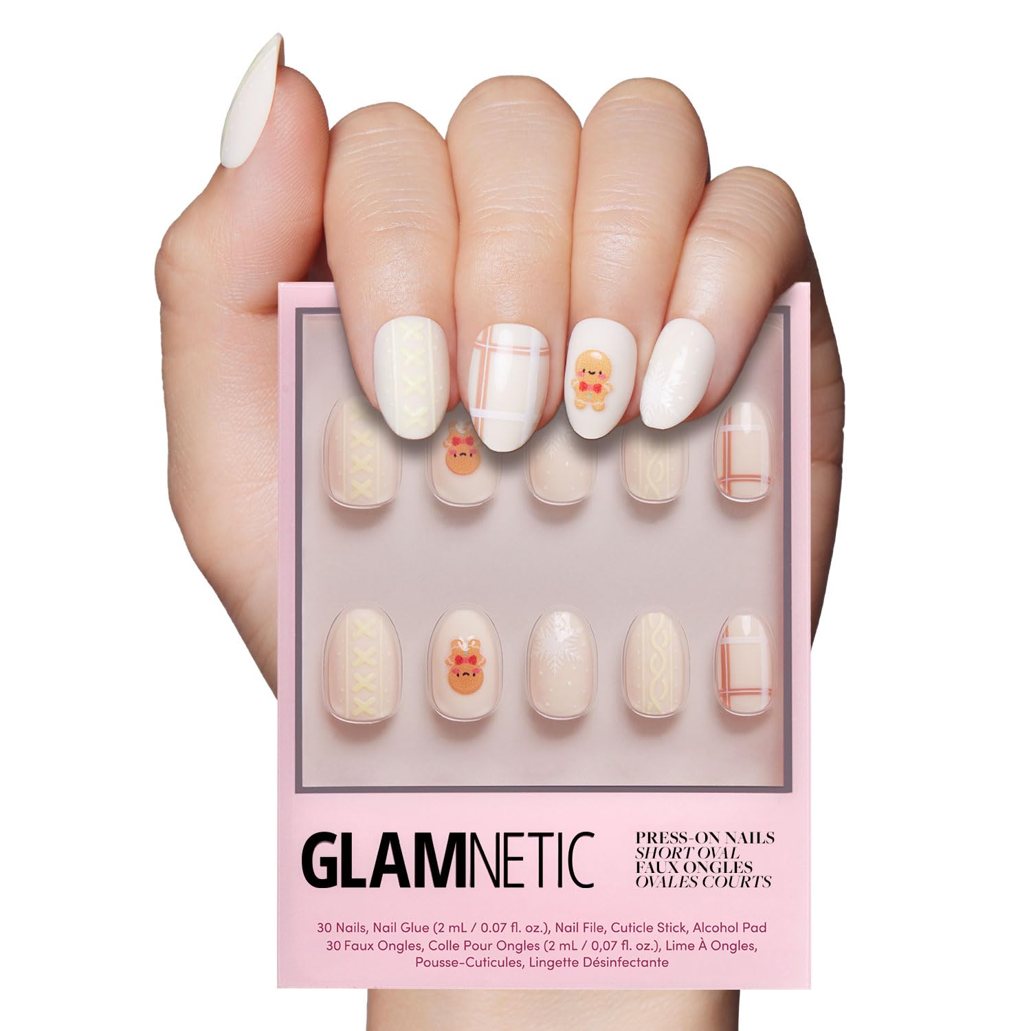 Photo 1 of Glamnetic Press On Nails - Gingerbread Knit | Graphic Gingerbread Sweater Knit 3D Opaque Short Oval Fake Nails in a Glossy & Matte Finish, Salon Quality | 15 Sizes - 30 Nail Kit