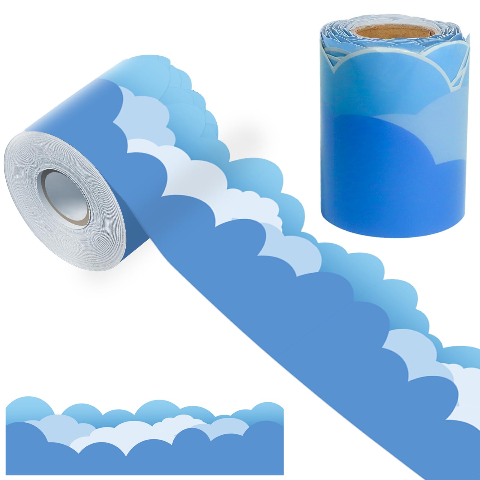 32Ft Blue Bulletin Border Paper Cloud-Shaped Border for Bulletin Board Boarder Decoration, a Roll of Blue Border for Bulletin Board, Novel Space Bulletin Board Border for Home and Classroom