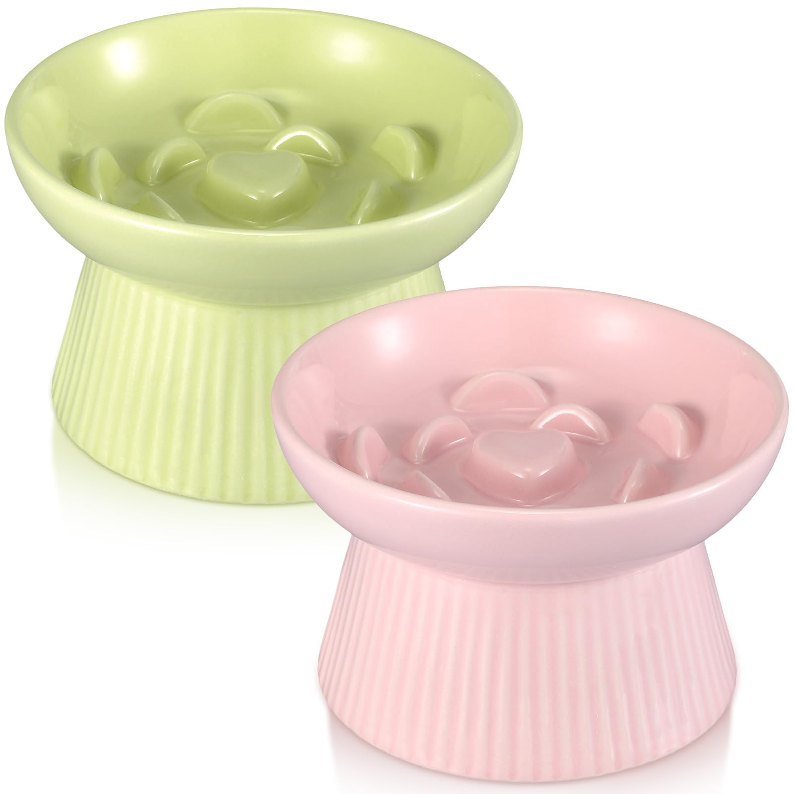 Photo 1 of Layhit 2 Pack Raised Slow Feeder Cat Bowls Ceramic Elevated Cat Food Bowls Anti Vomiting Slow Feeder for Dog and Kitten for Dry and Wet Food(Green, Pink)