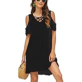 Bluetime Women Cold Shoulder Summer Dress Short Sleeve Beach Casual Loose Swing Dress