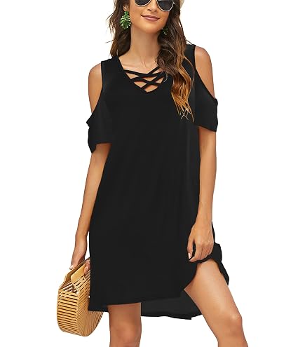 HAOMEILI Women's Summer Cold Shoulder Tunic Top Swing T-Shirt Loose Dress with Pockets at Amazon Women's Clothing store