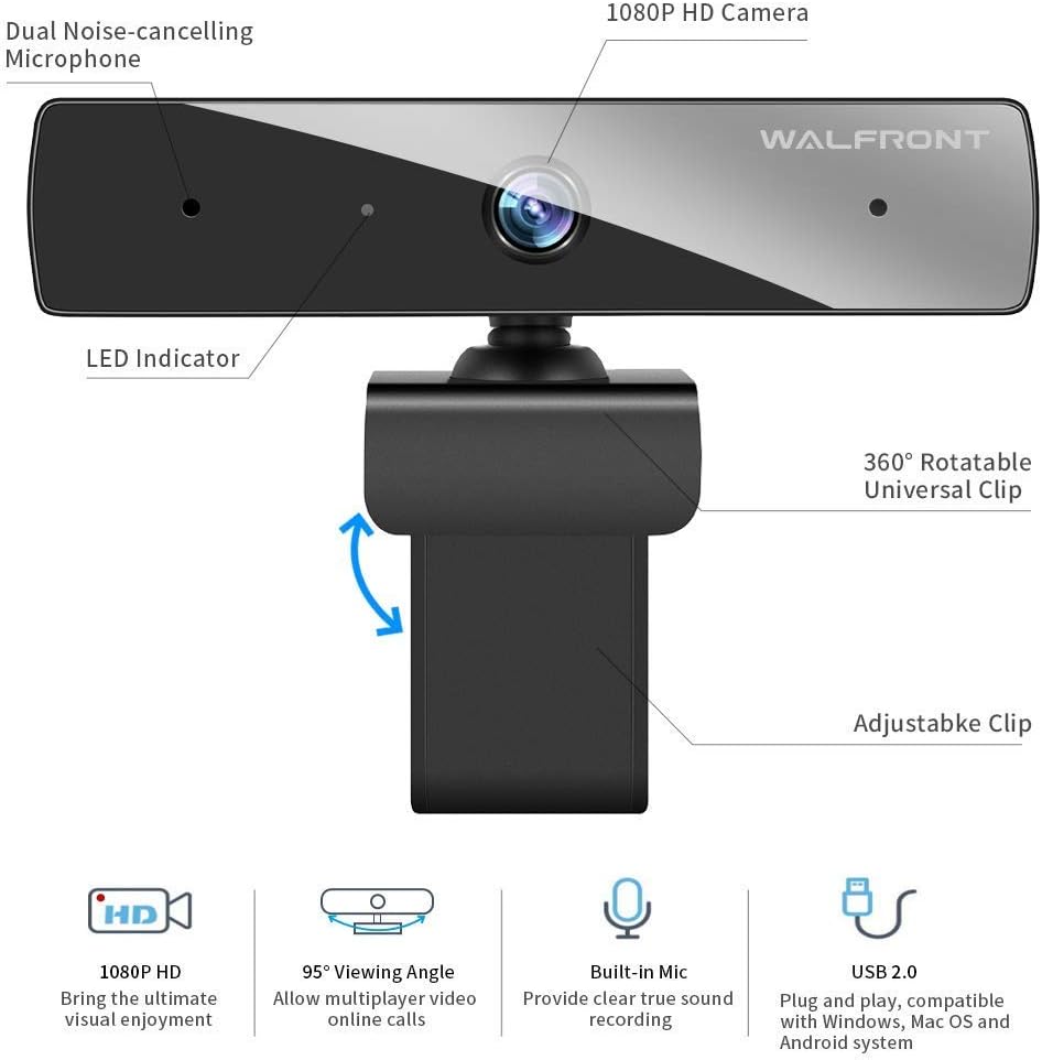 Webcam with Microphone,1080P Webcam Web Camera with Privacy Cover, HD USB Webcam Plug and Play with 95° Wide Angle 2MP Lens for Windows Mac Desktop PC Laptop Video Conference Recording Online Class: Computers & Accessories