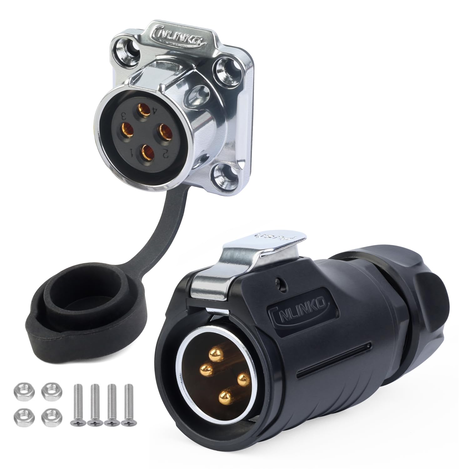 CNLINKO LP-20 Industrial Waterproof Connector IP68 Circular Connector Quick Plugging Aviation Connector Anti-Interference Shell Fast Release Connector M20 2-12 Pin Flange Socket (4 Pin)