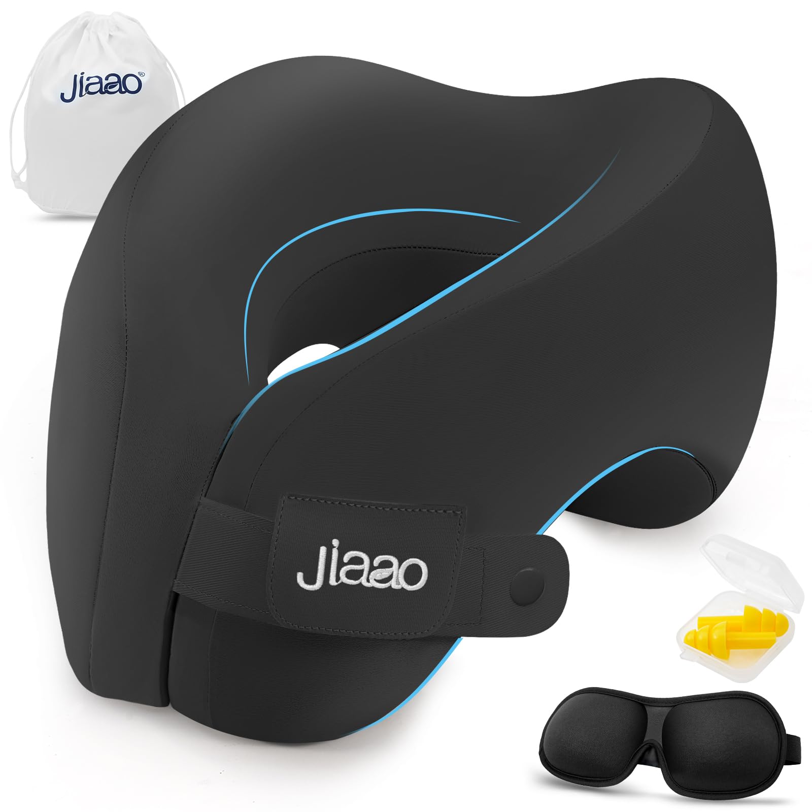 Photo 1 of jiaao Travel Pillow Memory Foam Neck Pillow for Airplanes with Adjustable Neck Support, Includes Eye Mask, Earplugs & Storage Bag - Perfect for Flights, Road Trips, and Trains
