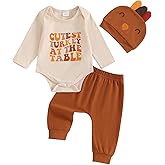Lamuusaa Newborn Baby Boy Thanksgiving Outfit Long Sleeve My 1st Thanksgiving Romper Long Pants Hat 3Pcs Clothes Set 0-18M