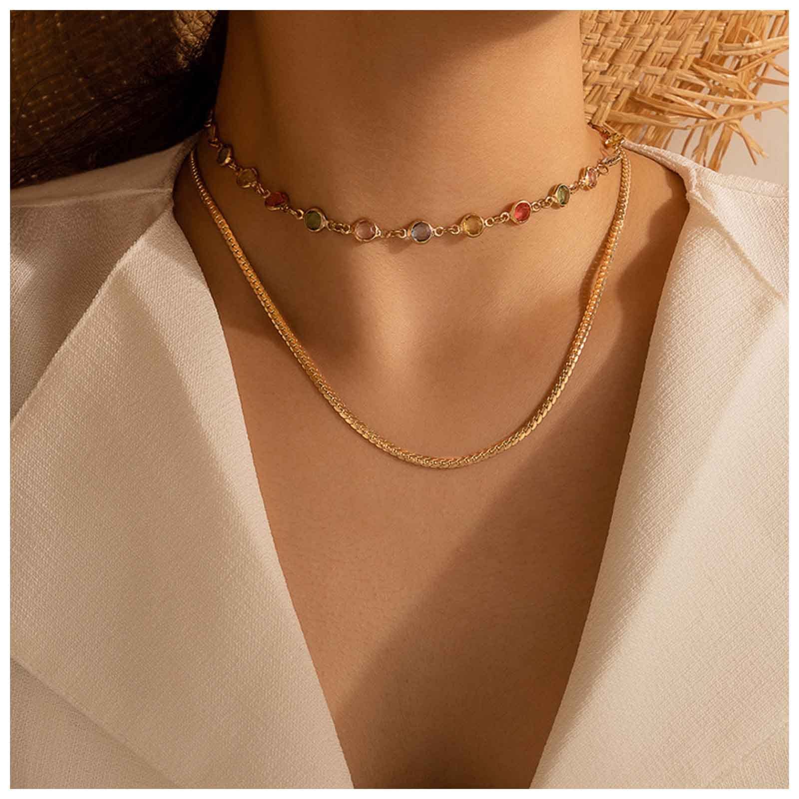 Cimenexe Bohemian Rainbow Crystal Necklace Bezel Clavicle Chain Necklace Snake Chain Necklace Gold Layered Necklace Choker Chain Jewelry For Women And Girls