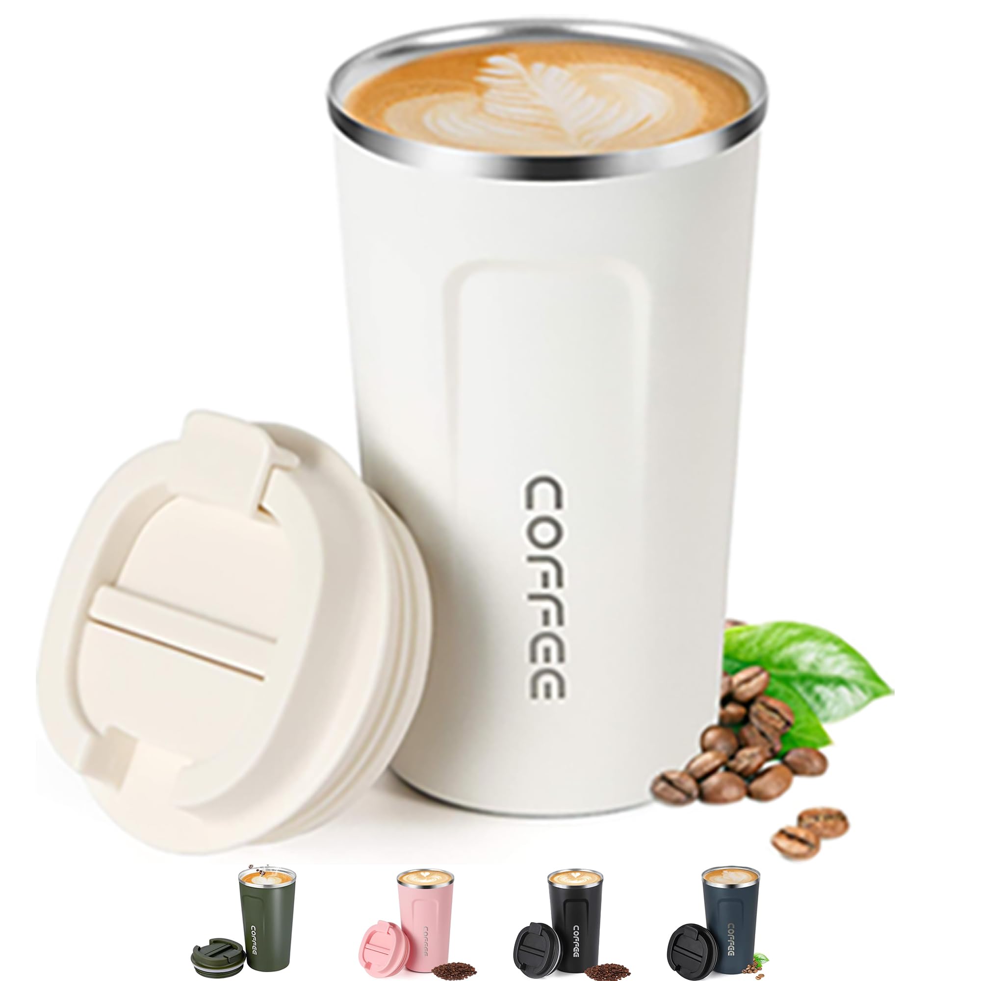 Shunshi Travel Mugs, Insulated Coffee Cup with Leakproof Lid - Reusable Coffee Cups Travel - Car Coffee Cup,Insulated Travel Mug - Keeps Your Drinks Hot or Cold(White/510ML)