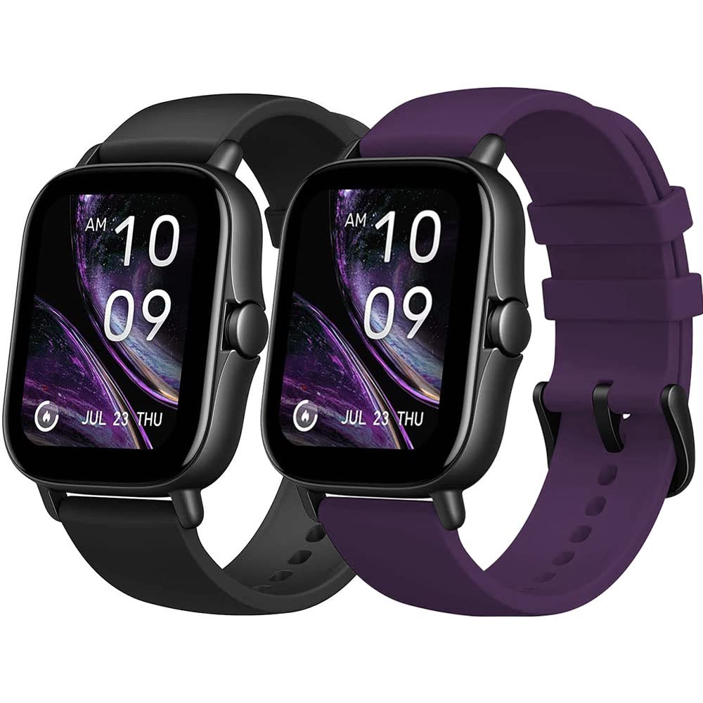Flenco Replacement Silicone Watch Strap For Amazfit GTR 42mm / Amazfit GTS 2 Mini/GTS 2 / GTS 2e / Amazfit Bip/Bip Lite/Bip S/S Lite/Bip U/U Pro Replacement Watch Band (Black + Purple)