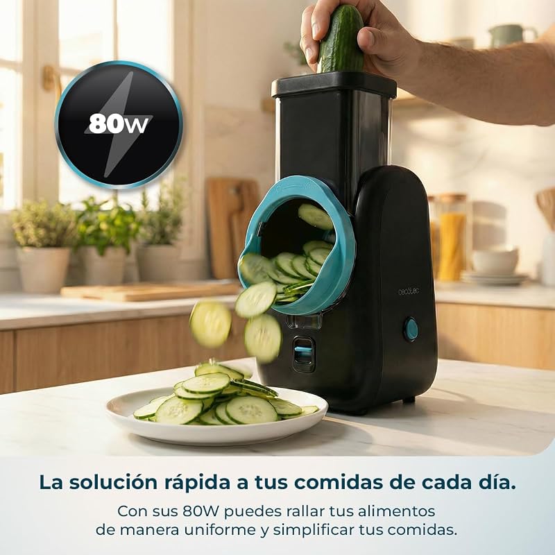 Cortador de Legumes Elétrico - Máquina de Saladas - Total Blade totalmente preto. Processador de alimentos, 4 cilindros intercambiáveis, cortes, grelhas e folhas, destacáveis, compactos, saladas em segundos
