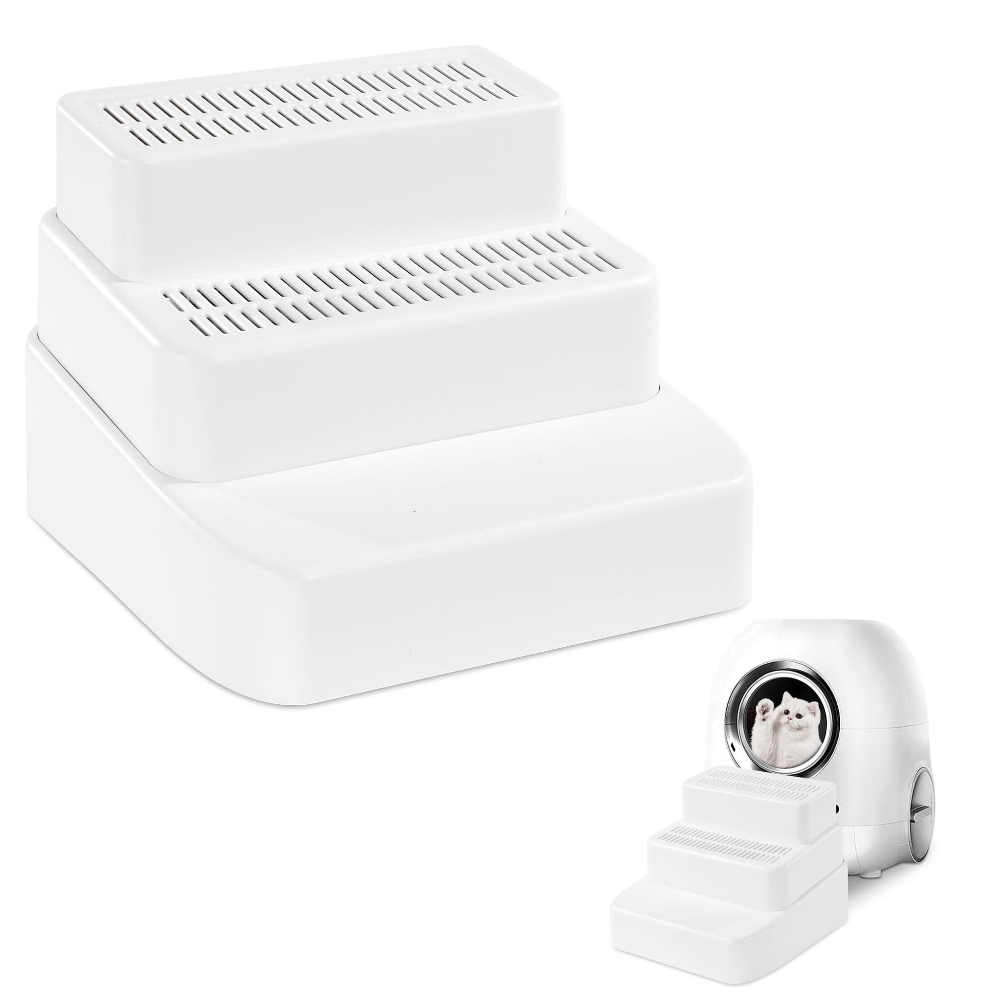 Photo 1 of BALAPET Adjustable 3 Steps Litter Box Ramp with Filter Function, Detachable Litter Trapper, Easy Clean Cat Litter Stair for Small & Elderly Cats(White)