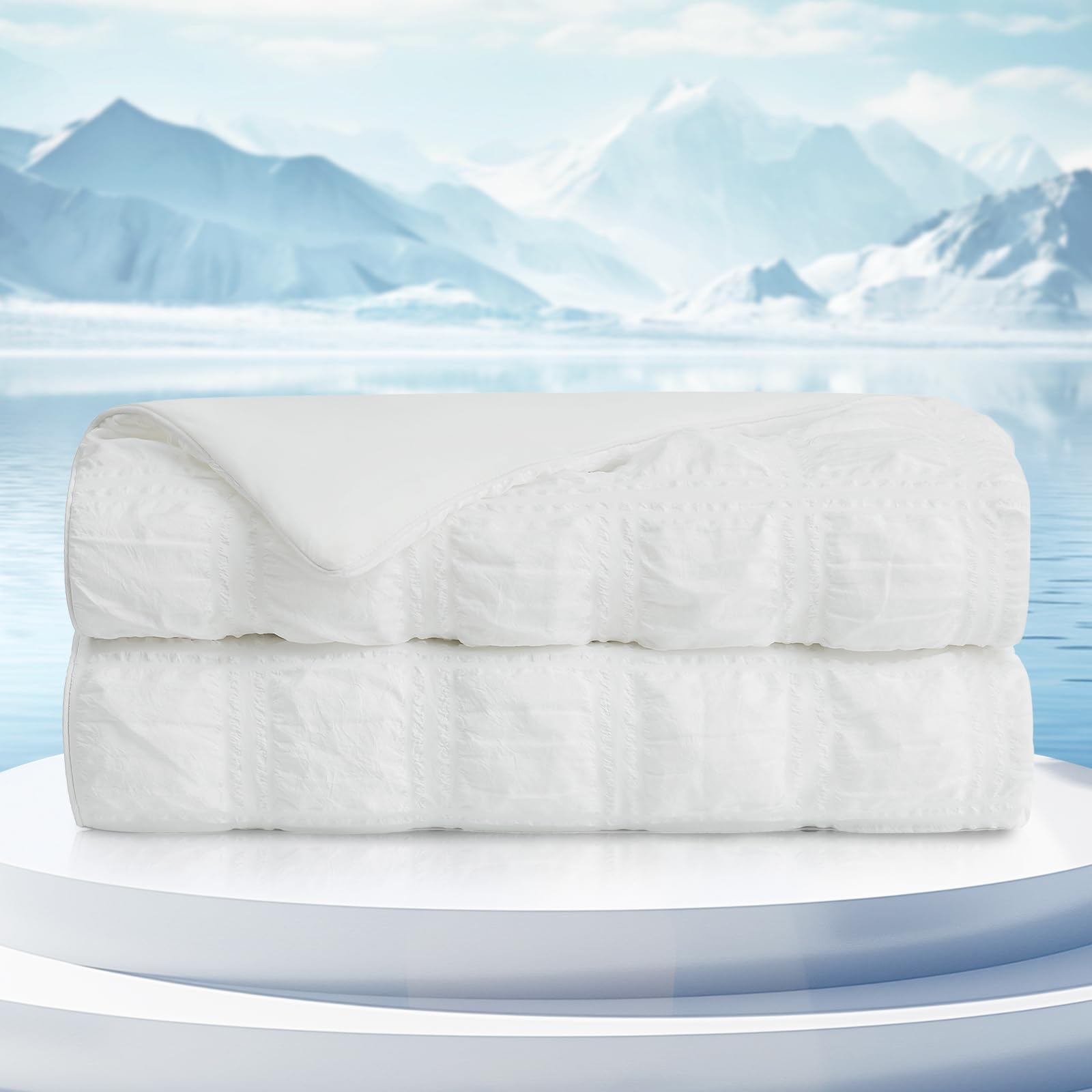 Photo 1 of Cozy Bliss Cooling Comforter Twin Size Seersucker Plaid, Q-Max 0.4 Reversible Lightweight Cooling Blanket, Breathable Silk Smooth Summer Bedding Quilt for Hot Sleepers Night Sweats White