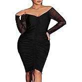 WDIRARA Women's Plus Off Shoulder Mesh Long Sleeve Ruched Drawstring Bodycon Party Knee Length Dress