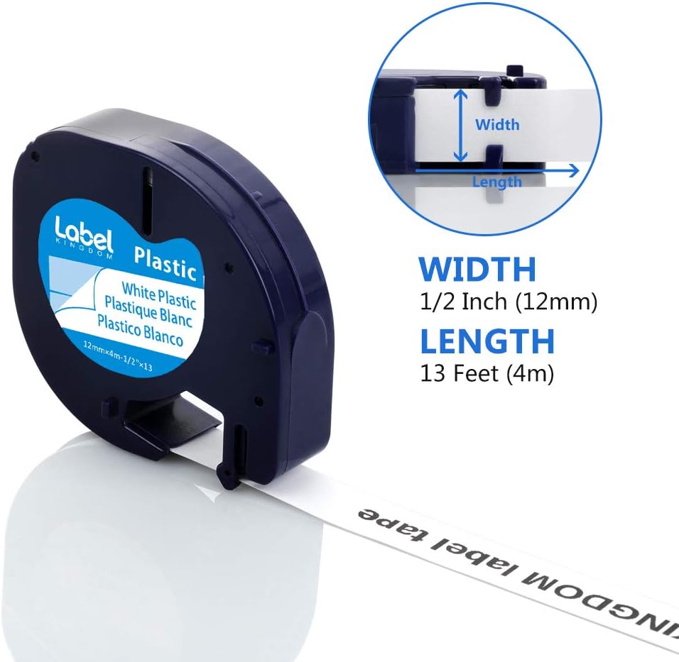 Label KINGDOM Compatible Labels Replacement for DYMO LetraTag Refills 91331 White Plastic Label Tape 12mm x 4m (1/2" x 13') for Dymo Letra Tag Label Maker LT100H LT100T QX50, Black on White, 5-Pack: Office Products