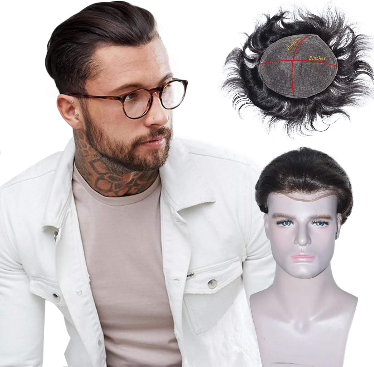 Full French Lace European Virgin Human Hair Toupee for Men, LLWear Man's Hairpieces Replacement System Wigs with Soft Thin 6"X 8" Lace Cap Bark Brown Color #2
