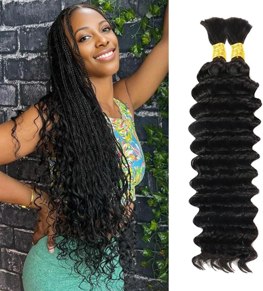 Datanala Human Braiding Hair 18Inch Deep Wave Human Hair Bulk for Braiding 100% Unprocessed Brazilian Virgin Wet and Wavy Human Hair Extensions for Boho Braids (1B#, 18Inch-100g) — image 1