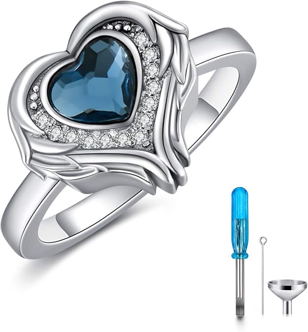 AOBOCO 925 Sterling Silver Angel Wings Heart Cremation Ring