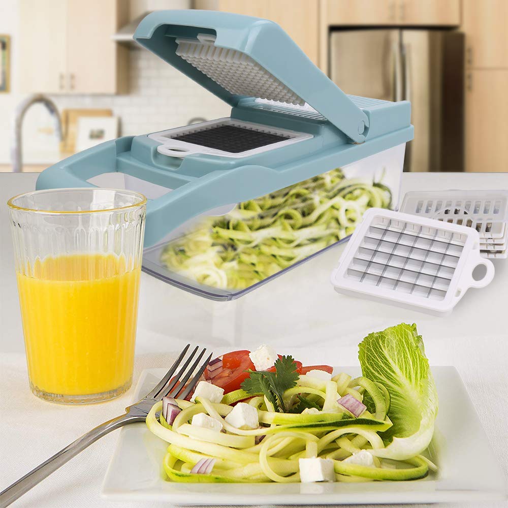 Vegetable Chopper,Fruits Cutter,12-in-1 Vegetable Cutter Mandoline Slicer Food Chopper/Cutter with 7 Stainless Steel Blades, Adjustable Slicer & Dicer with Storage Container and Non-Skid Base