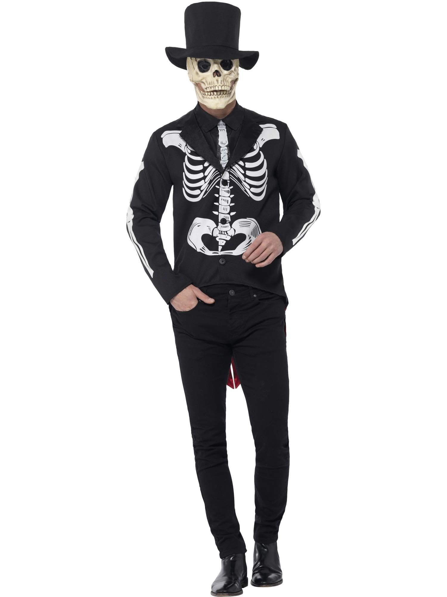 Smiffys Day of the Dead Señor Skeleton Costume, Black with Jacket, Mock Shirt, Tie, Hat & Latex Mask, Mexican Day of The Dead/Sugar Fancy Dress, Halloween Dress Up Costumes