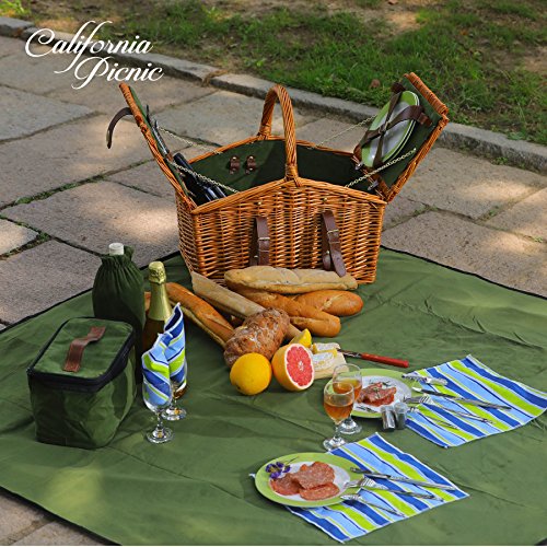 Picnic Basket Set for 4 Person Picnic Hamper Set | Double Lid | Beach Collection | Folding Picnic Blanket Ceramic Plates Metal Flatware Wine Glasses S/P Shakers Bottle Opener Green Lining Picnic Set - Thumbnail 6