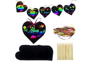 PARSUP 48 Pcs Valentine's Day Scratch Paper Art Rainbow Heart-shaped Scratch Craft Art with Wooden Styluses and Ribbons for Kids Decorative Arts and Crafts Valentine's Day Wedding