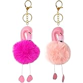Honbay 2PCS Faux Rabbit Fur Pom Pom Keychain Fashion Flamingo Keychain for Womens Bag, School Bag, Cellphone or Car Pendant