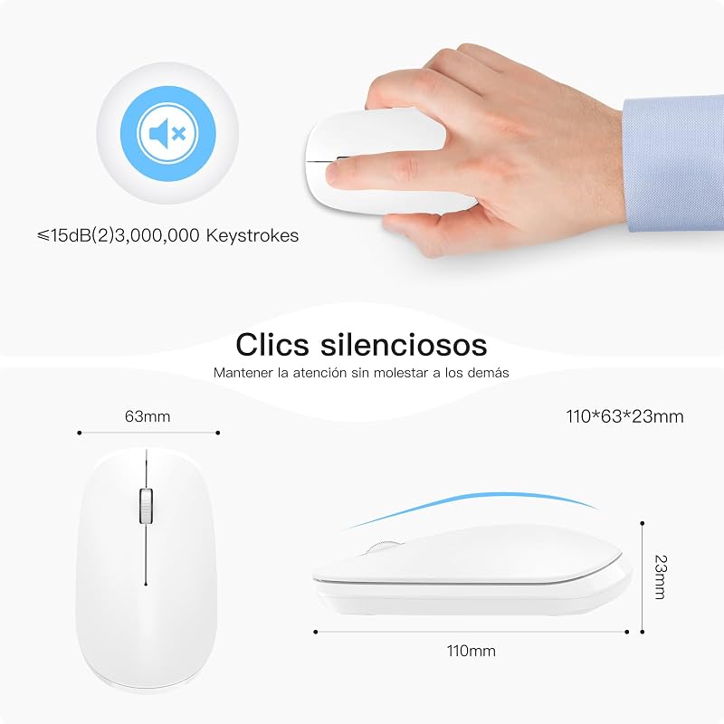 Ratón inalámbrico Bluetooth, ratón inalámbrico Delgado y silencioso para Mac OS, iPad OS, Windows, Android Sistema, Blanco