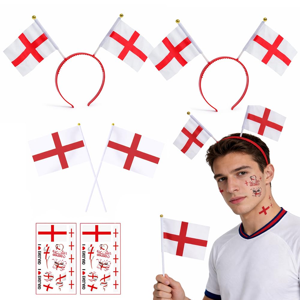 6Pcs England Supporters Costume Set, 2 England Flag Headband Boppers 2 St Georges Hand Flags 2 Face Sticker Sheets St George Cross Fancy Dress Accessories for Adults Football Rugby Cricket Events