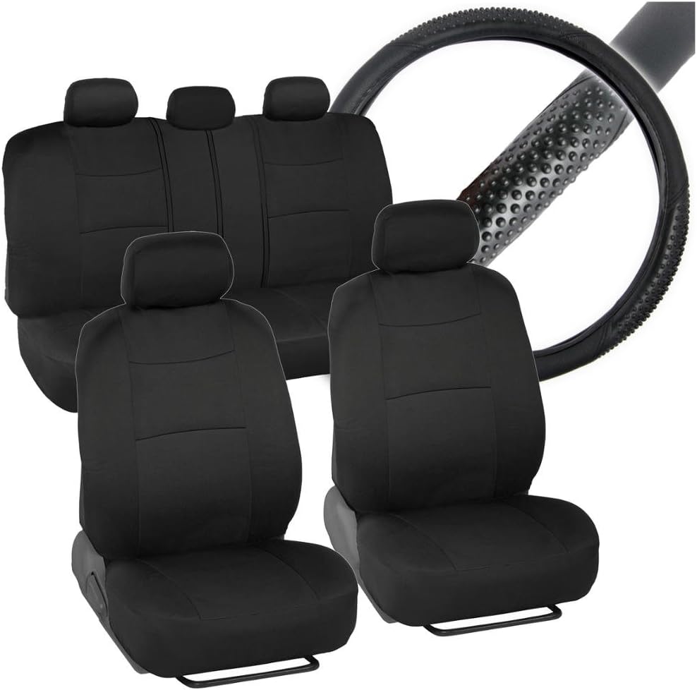 Interior Savers - Polyester Cloth Car Seat Covers & Sport Grip Steering Wheel Cover (Synthetic Leather) for Auto (Solid Black)