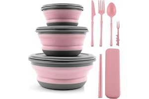 YAOBVIS Collapsible Bowl, 3 Pcs Food Grade Silicone Camping Bowl, Expandable Salad Bowl Lunch Box with Lid & Tableware for Travel and Picnic