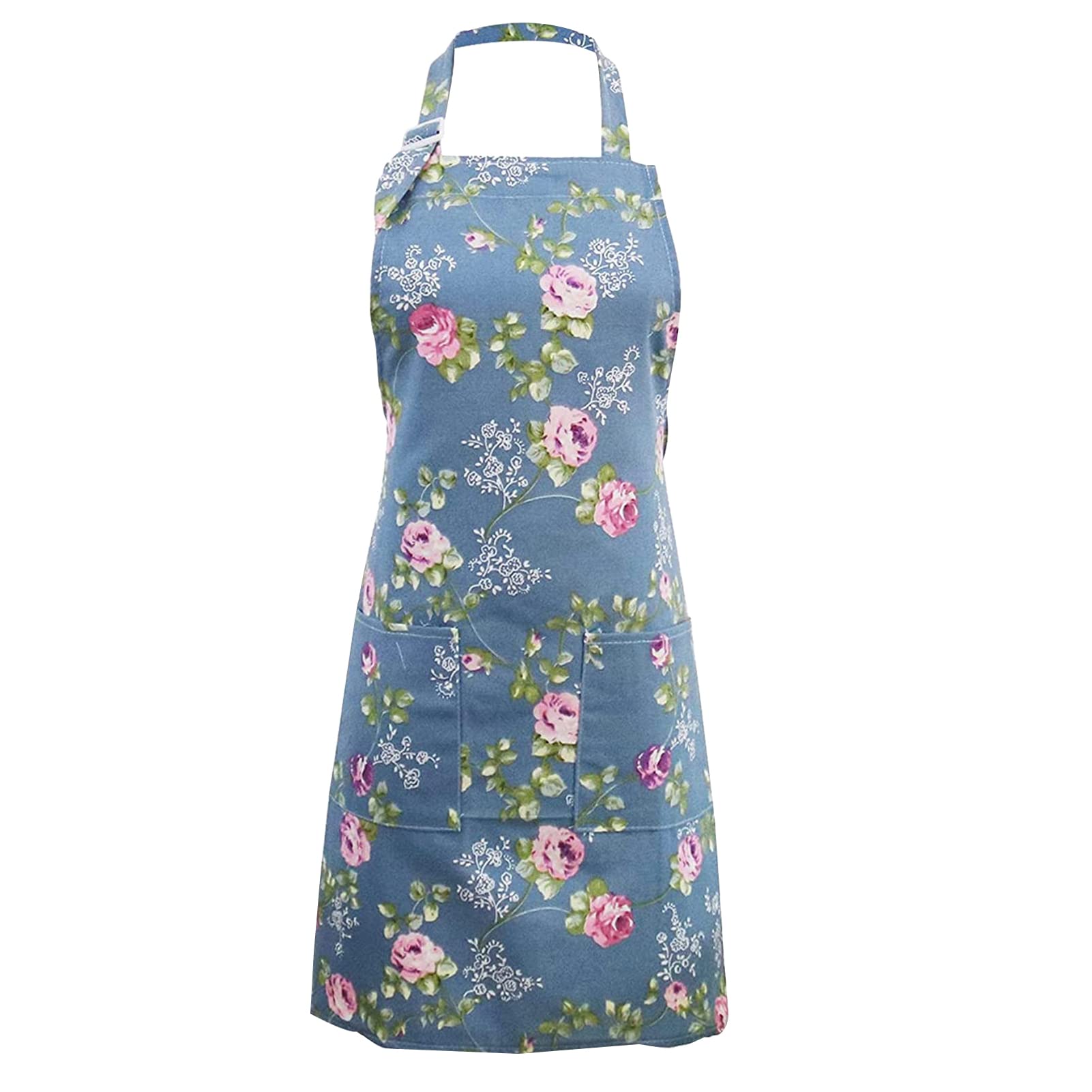 1 PCS Floral Apron for Women - Vintage Flower Canvas Bib With Pockets, Adjustable Blue Kitchen Pinafore for Baker Chef, Cooking Baking Gardening Restaurant