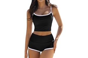 QINSEN Women's Two Piece Swimsuit Spaghetti Strap Crop Top with High Wasited Boyshort Style Bikini Bottom