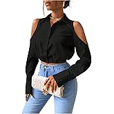 SweatyRocks Women's Cold Shoulder Long Sleeve Button Down Collared Cropped Blouses