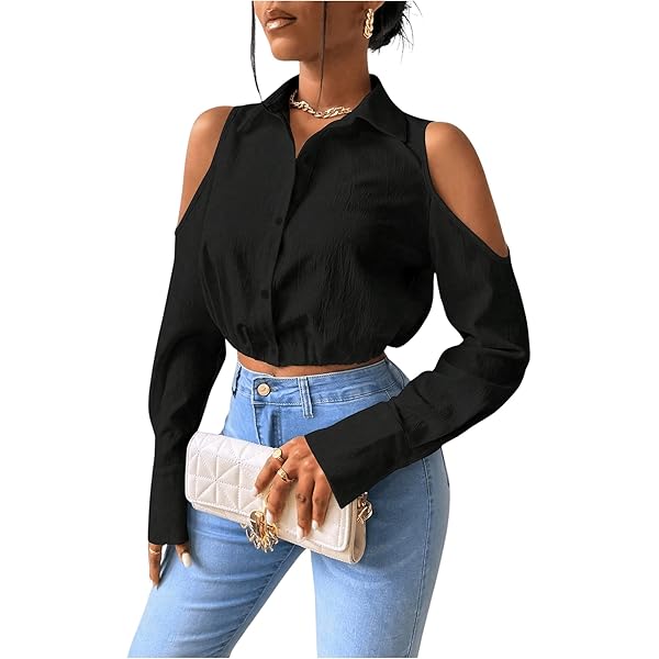 OYOANGLE Women's Cut Out Cold Shoulder Long Sleeve Blouses Button