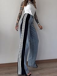 Angsuttc Womens Jeans with Patchwork Stripes High