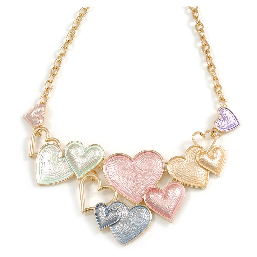 Avalaya Pastel Multicoloured Matte Enamel Heart Cluster Necklace In Gold Tone - 40cm L/ 6cm Ext