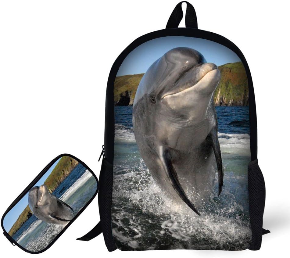 School Backpack, 3D Print Dolphin Pattern 17 Inch Bookbag with Pencil Bag