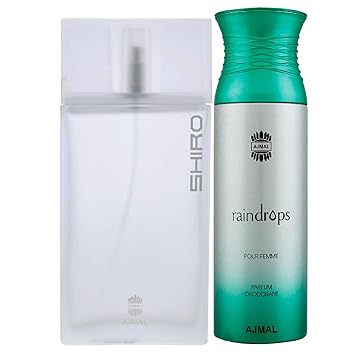 Ajmal Shiro EDP Citrus Spicy Perfume 90ml for Men and Raindrops Femme Deodorant Floral Chypre Fragrance 200ml for Women+ 2 Parfum Testers FREE