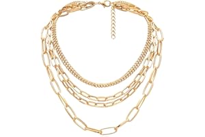 KUNJOE Layered Chain Necklaces for women 18 Inch Gold Plated Paperclip Chain Silver Tone Choker Necklace Rope Ball Chains Punk Jewelry