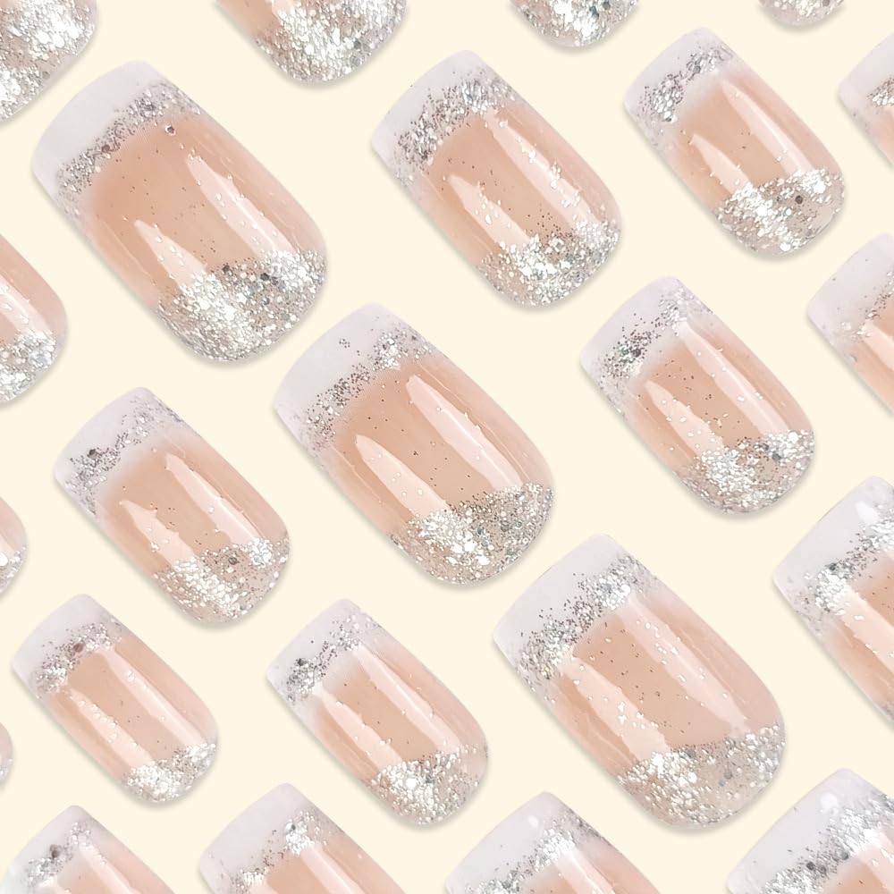 Square Press On Medium French Tips Silver Glitter Acrylic Nails - White Ombre Glue On Shiny Stick On Nude False Nails for Women Girls - 24 Pcs - Image 3