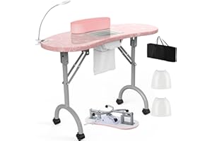 WELLHUT Nail Tech Table Vented Manicure Table w/LED Lamp, Dust Collector, Carry Bag & Soft Cushion, Portable Nail Tables w/Universal Mute Wheels for Nail Lovers Home Spa Beauty Salon