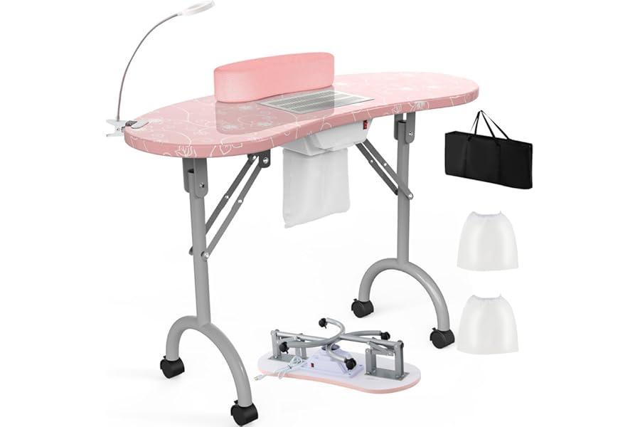 WELLHUT Nail Tech Table Vented Manicure Table w/LED Lamp, Dust Collector, Carry Bag & Soft Cushion, Portable Nail Tables w/Universal Mute Wheels for Nail Lovers Home Spa Beauty Salon