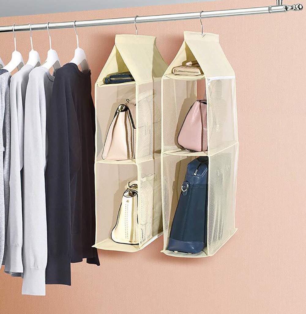 ixaer Detachable Hanging Handbag Organizer Purse Bag Collection Storage Holder Wardrobe Closet Hatstand 4 Compartment (Beige)