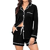 SWOMOG Womens Pajama Sets Long Sleeve and Shorts Pajamas Button Down Pjs 2 PCS Sleepwear Lounge Set with Pockets