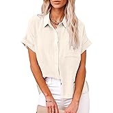 IPMQ Womens Cotton Linen Button Down Shirts Short Sleeve Dress Shirts Casual Summer Tops Blouses with Pockets