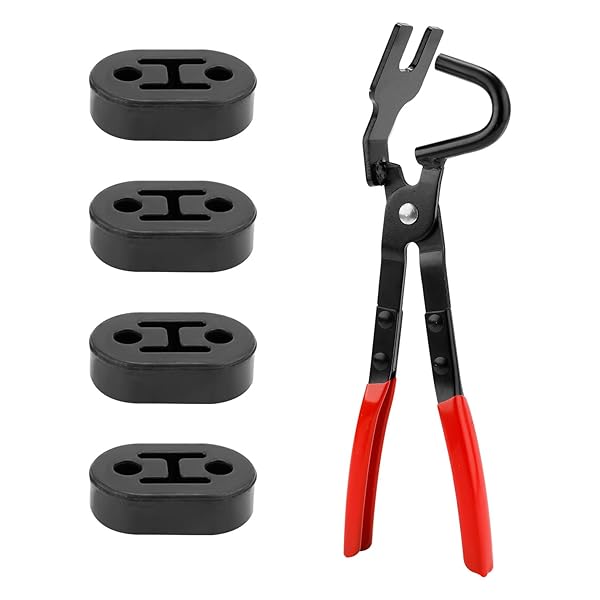 GOSKNOR EXHAUST HANGER PLIERS & 4PCS 2 HOLE RUBBER EXHAUST HANGERS, EXHAUST HOOK WRENCH UNIVERSAL MUFFLER HANGER PLIERS TOOL KIT COMPATIBLE WITH CAR AND TRUCK EXHAUST SYSTEMS